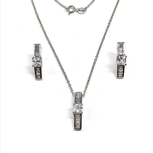 Sterling Silver CZ Bar Design Pendant Necklace & Earrings set - Picture 8 of 9